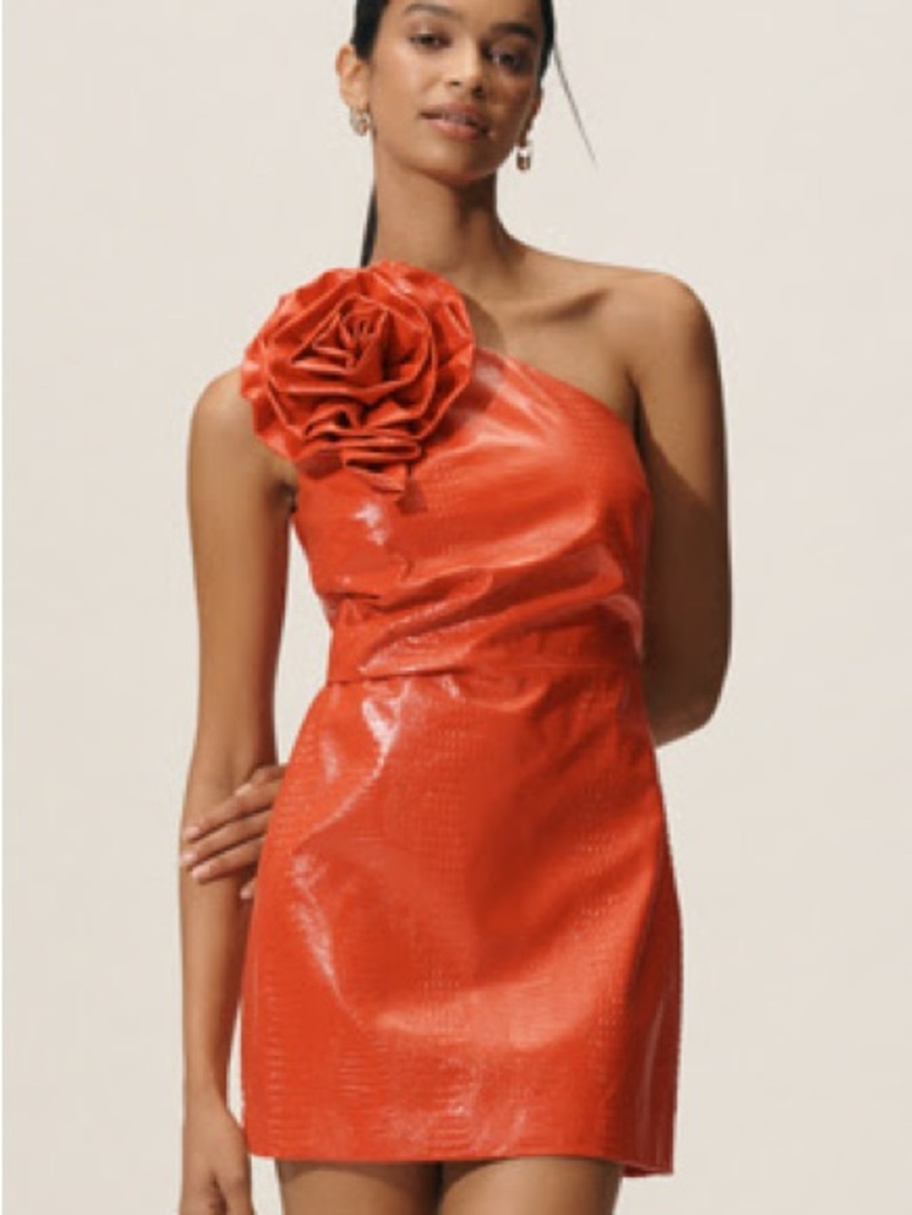 Anthropologie One-Shoulder Orange Rose Applique Mini Dress